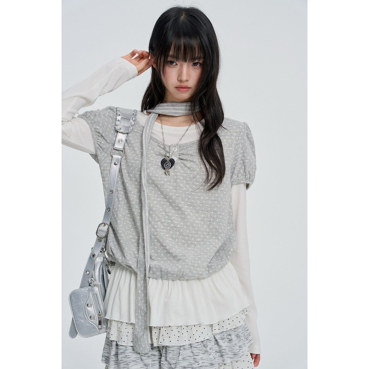VEEMIX_Korean_Polka_Dot_Puff_Sleeve_Two_Piece_Layered_Women&