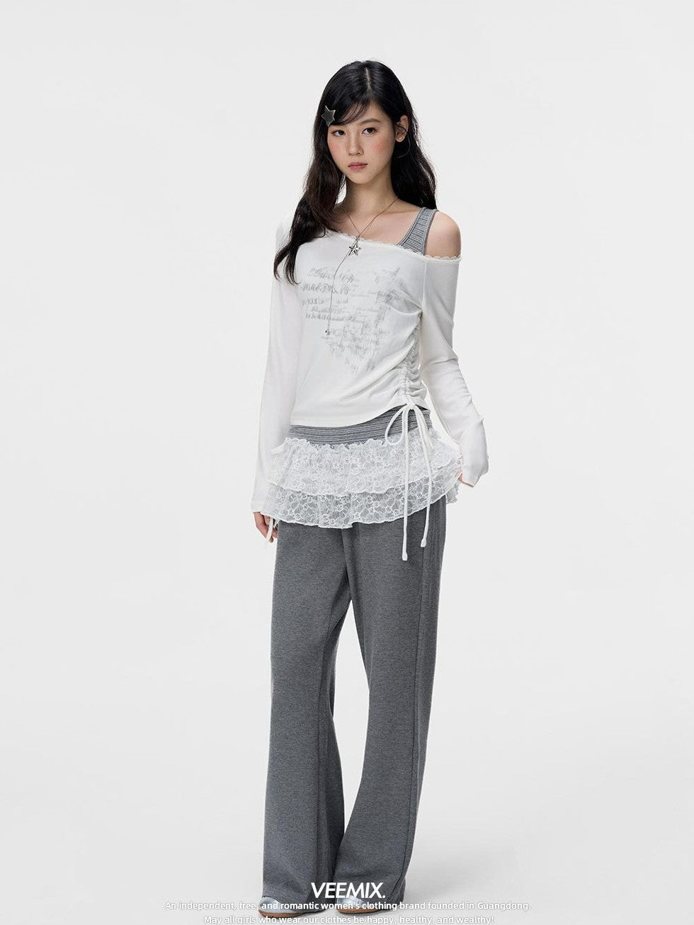 VEEMIX Lace Layered Lace Up High Waist Straight Leg Women&
