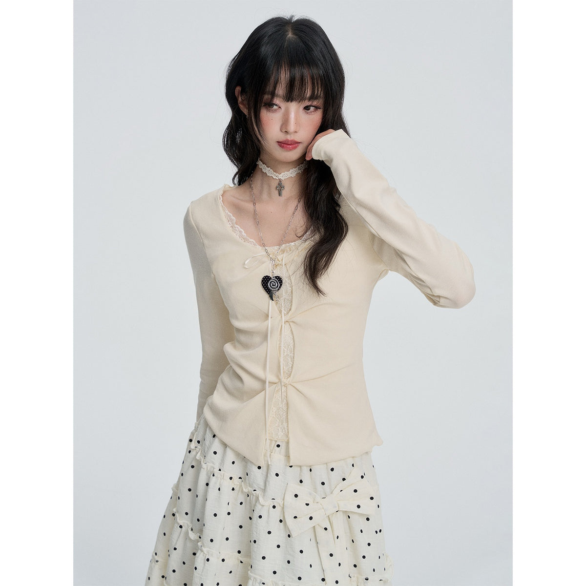VEEMIX_Lace_Layered_Look_Solid_Color_Women&