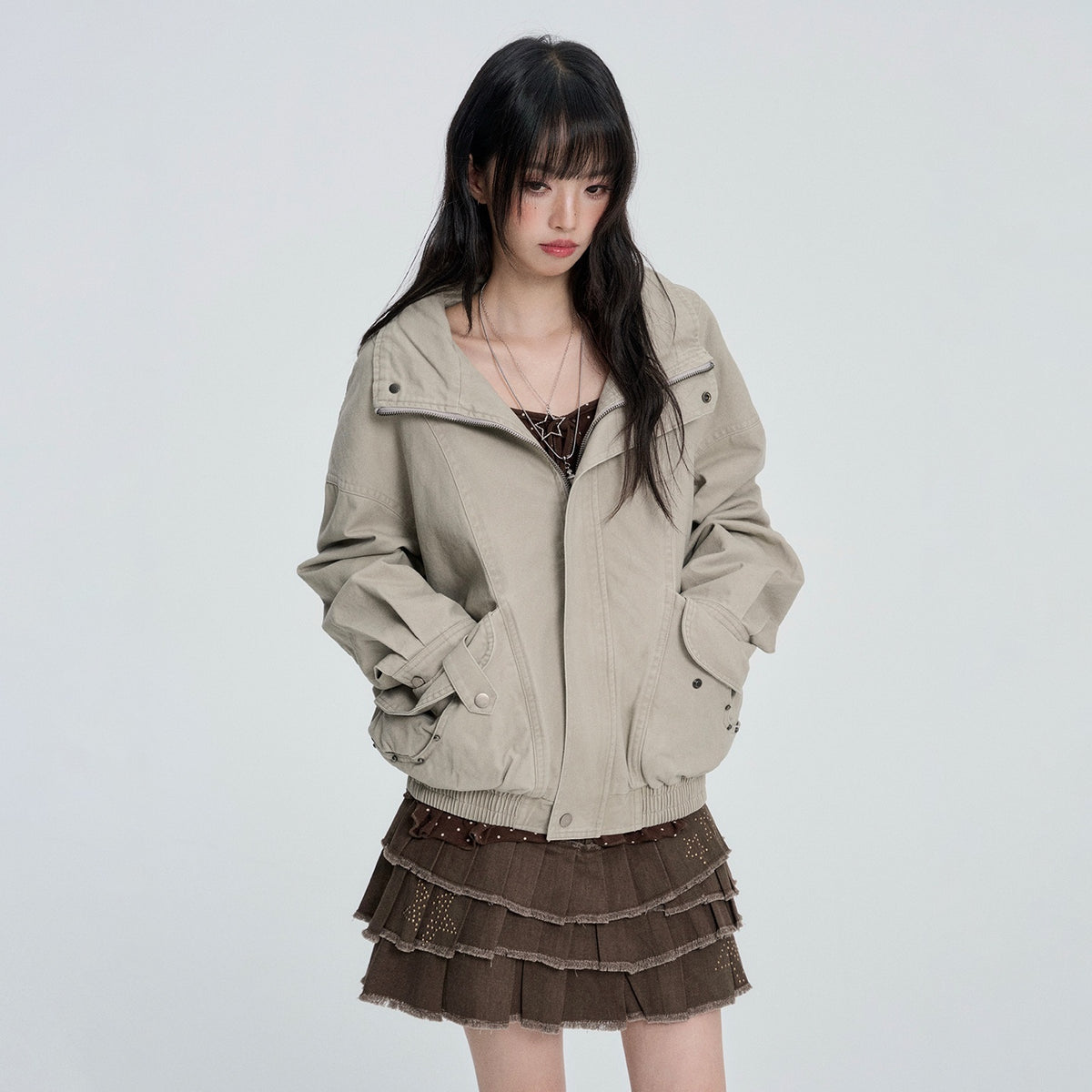 VEEMIX_Loose_Fit_Metal_Zip_Detail_Cotton_Blend_Women&