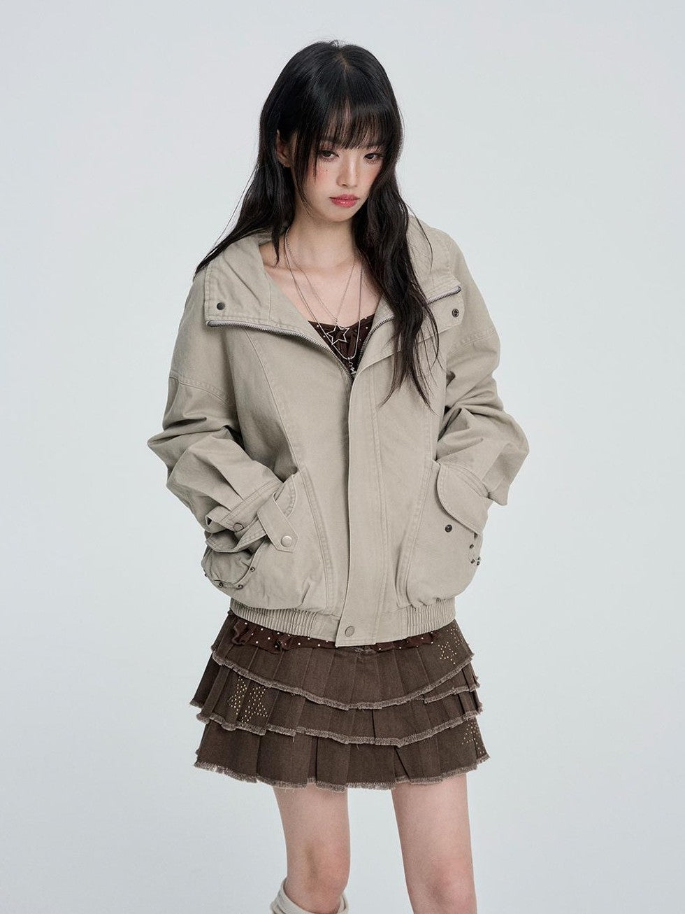 VEEMIX Loose Fit Metal Zip Detail Cotton Blend Women&