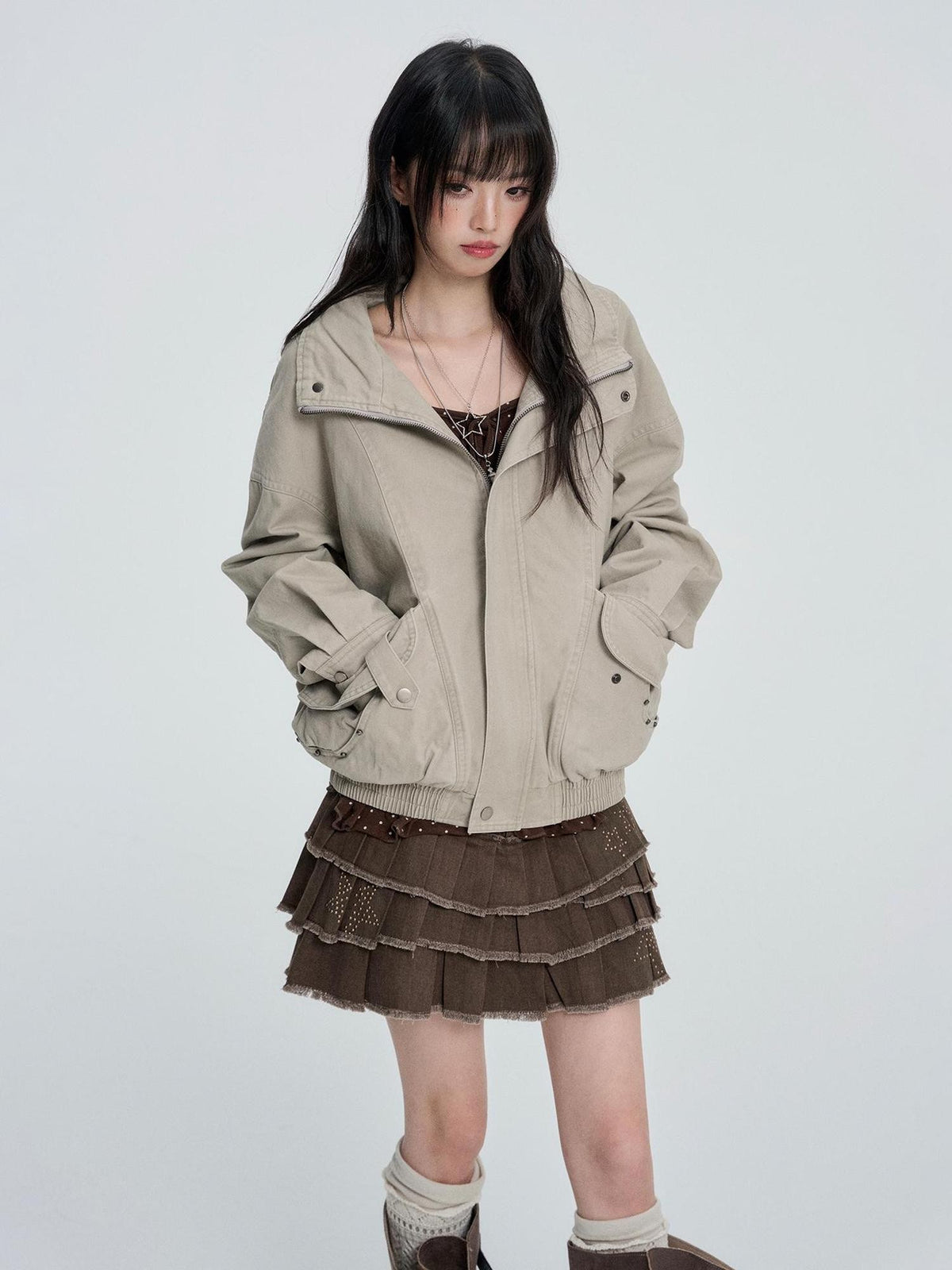 VEEMIX Loose Fit Metal Zip Detail Cotton Blend Women&