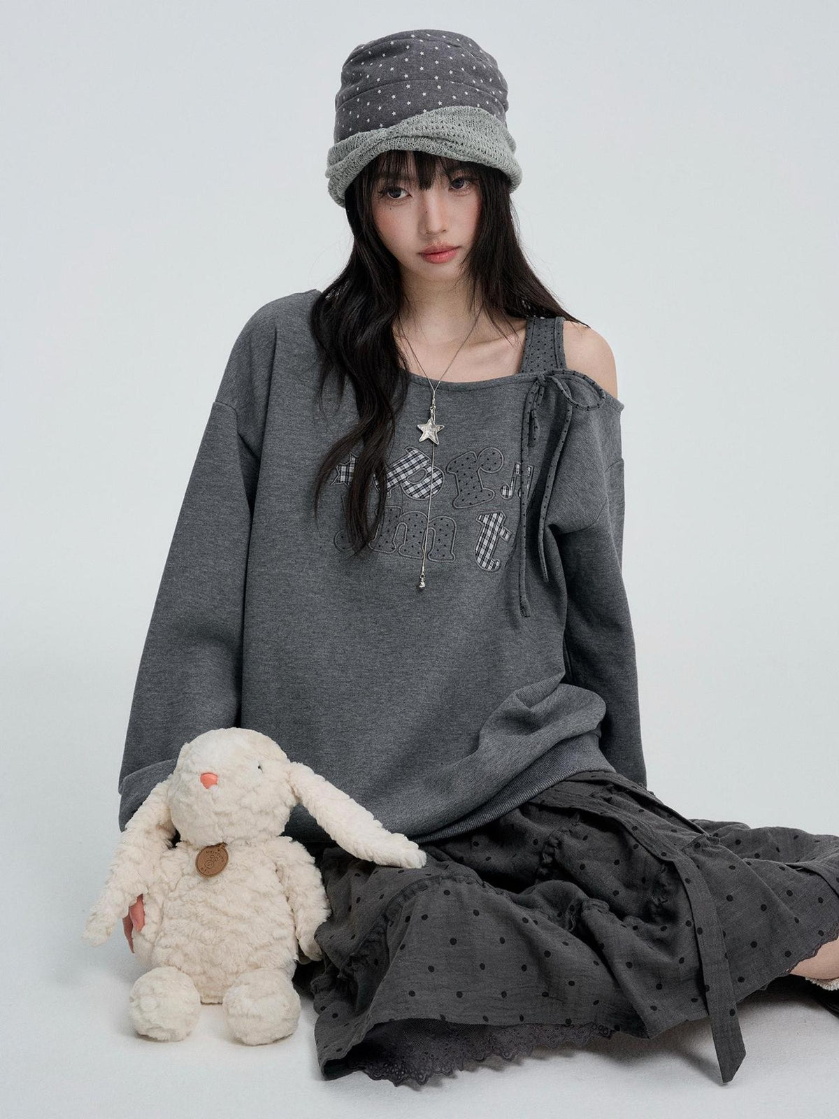 VEEMIX Off Shoulder Embroidered Letter Lace Up Women&