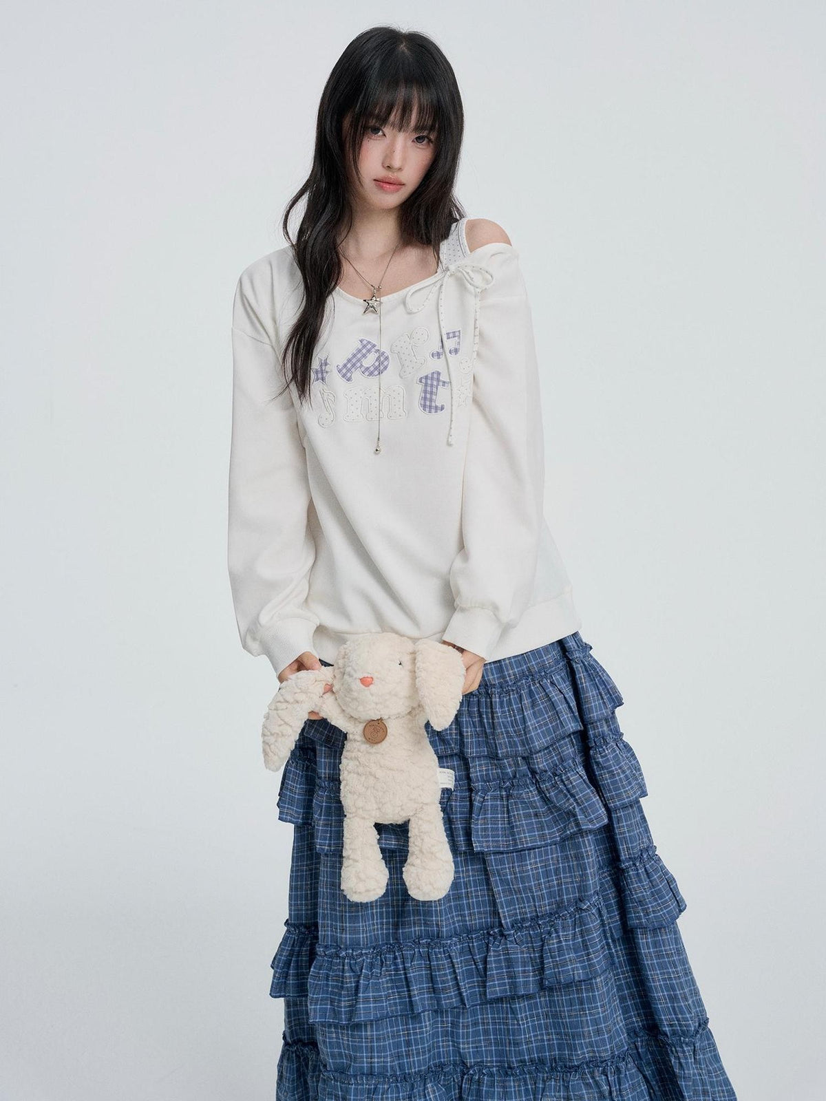 VEEMIX Off Shoulder Embroidered Letter Lace Up Women&