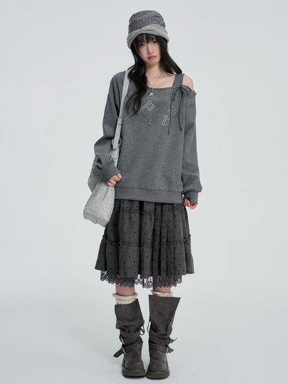 VEEMIX Off Shoulder Embroidered Letter Lace Up Women&