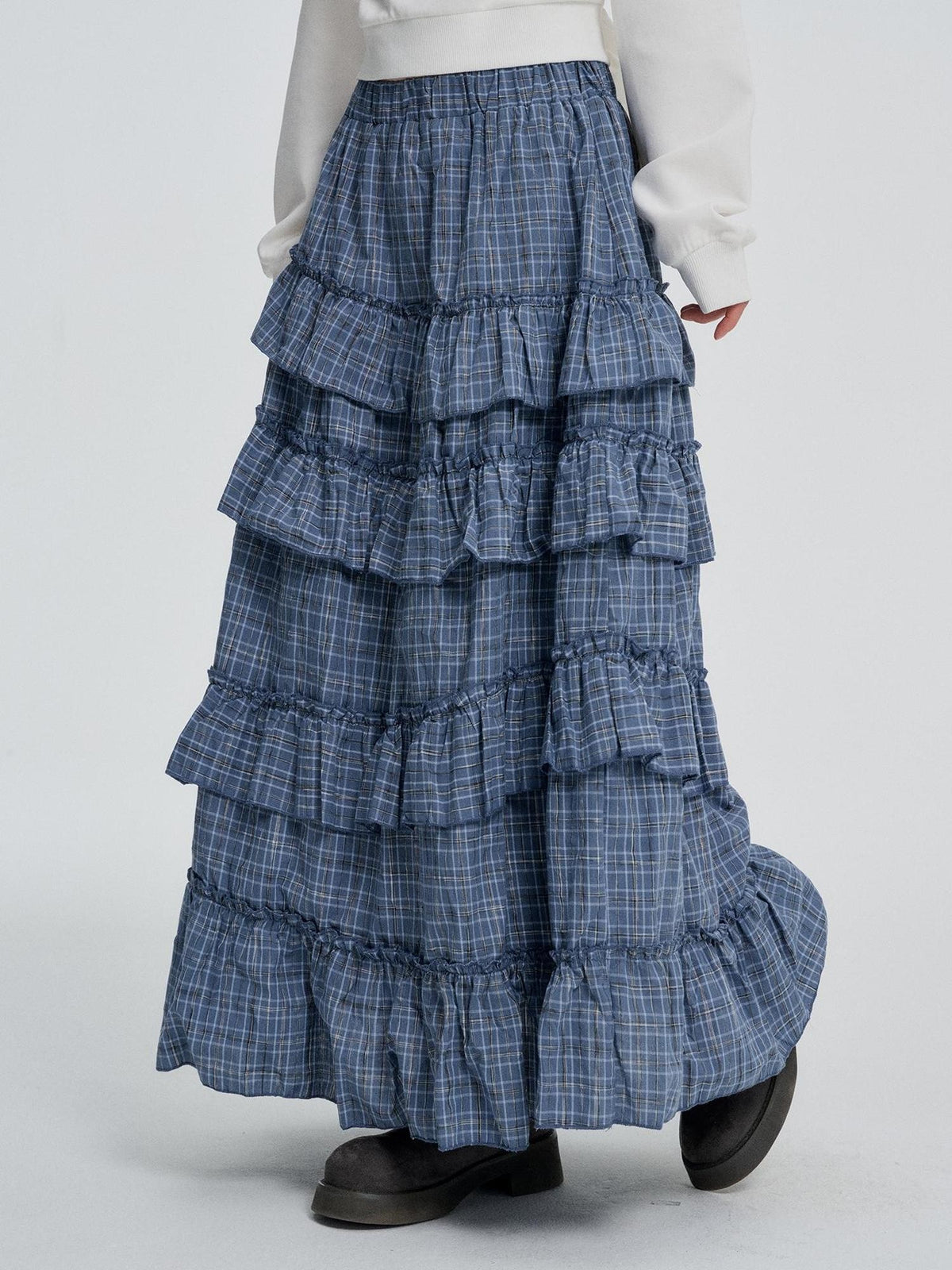 VEEMIX Plaid Asymmetric Ruffle Tiered Women&