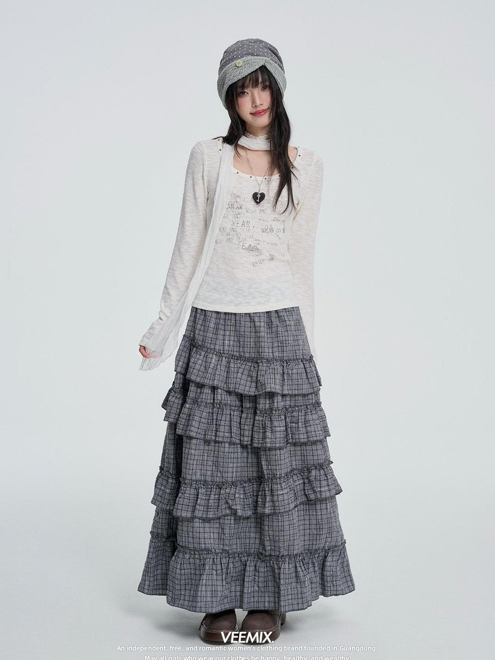 VEEMIX Plaid Asymmetric Ruffle Tiered Women&