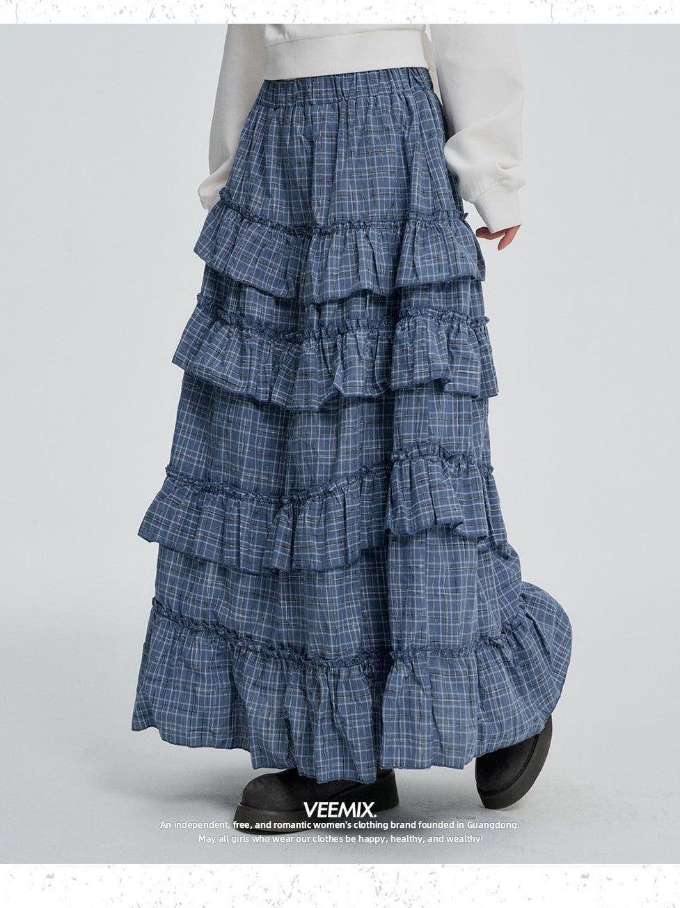 VEEMIX Plaid Asymmetric Ruffle Tiered Women&