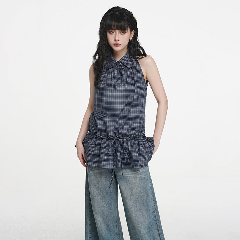 VEEMIX_Plaid_Button_Front_Collared_Pleated_Women&