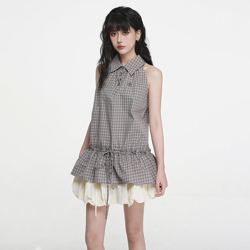 VEEMIX_Plaid_Button_Front_Collared_Pleated_Women&