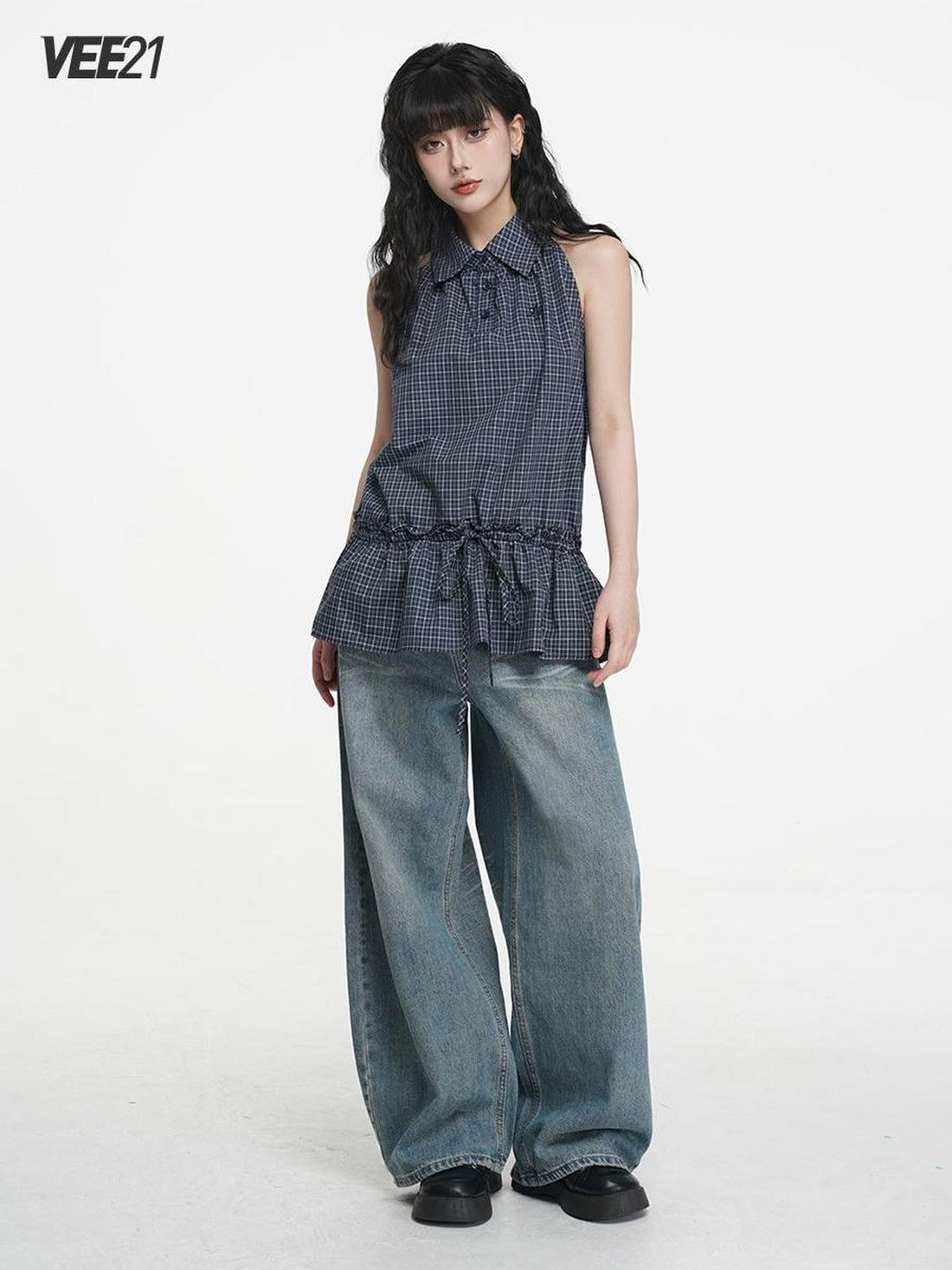 VEEMIX Plaid Button Front Collared Pleated Women&