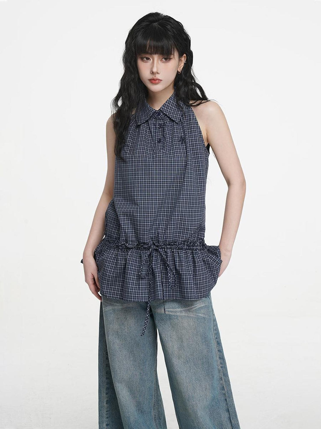 VEEMIX Plaid Button Front Collared Pleated Women&
