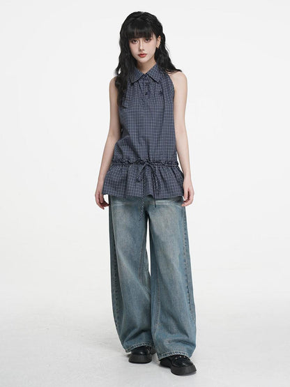 VEEMIX Plaid Button Front Collared Pleated Women&