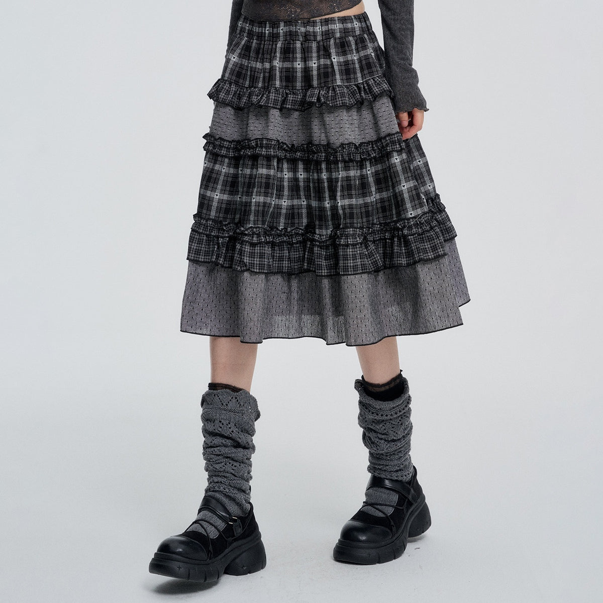 VEEMIX_Plaid_Patchwork_Tiered_High_Waist_A_Line_Cotton_Women&