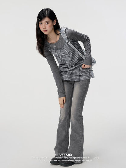 VEEMIX Plaid Two Piece Cotton Slim Fit Women&