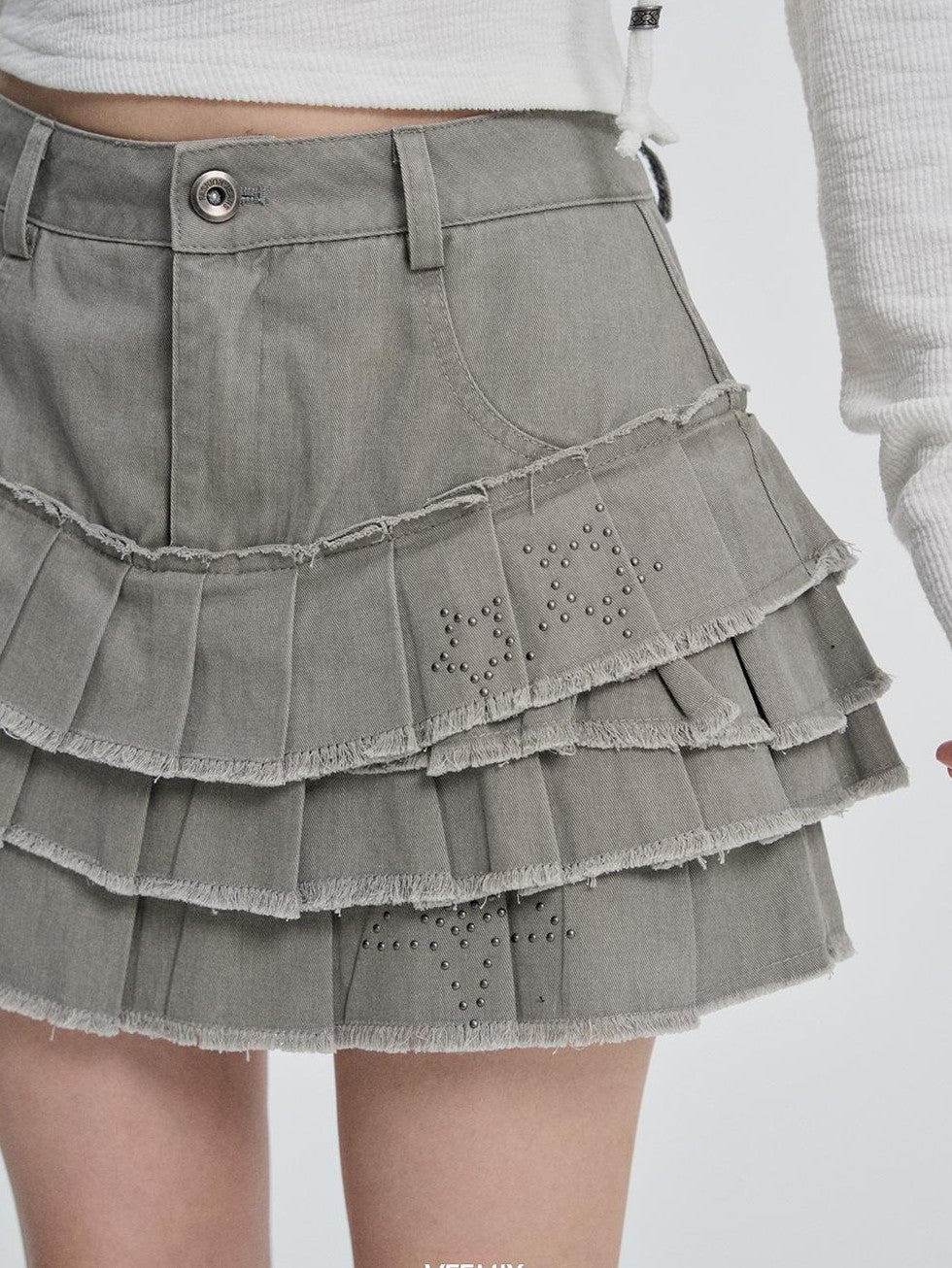 VEEMIX Pleated Asymmetric High Waist Washed Denim Women&