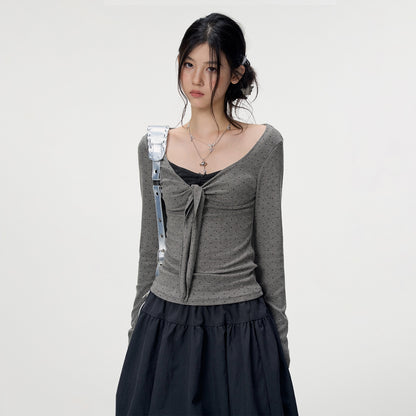 VEEMIX_Polka_Dot_Lace_Up_Faux_Two_Piece_Women&