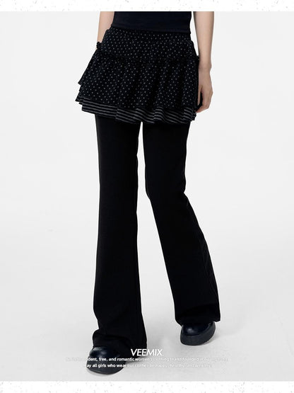 VEEMIX Polka Dot Layered Look High Waist Straight Leg Cotton Women&