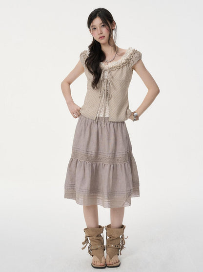 VEEMIX Puff Sleeve Plaid Lace Ruffled Faux Layered Tie Front Women&