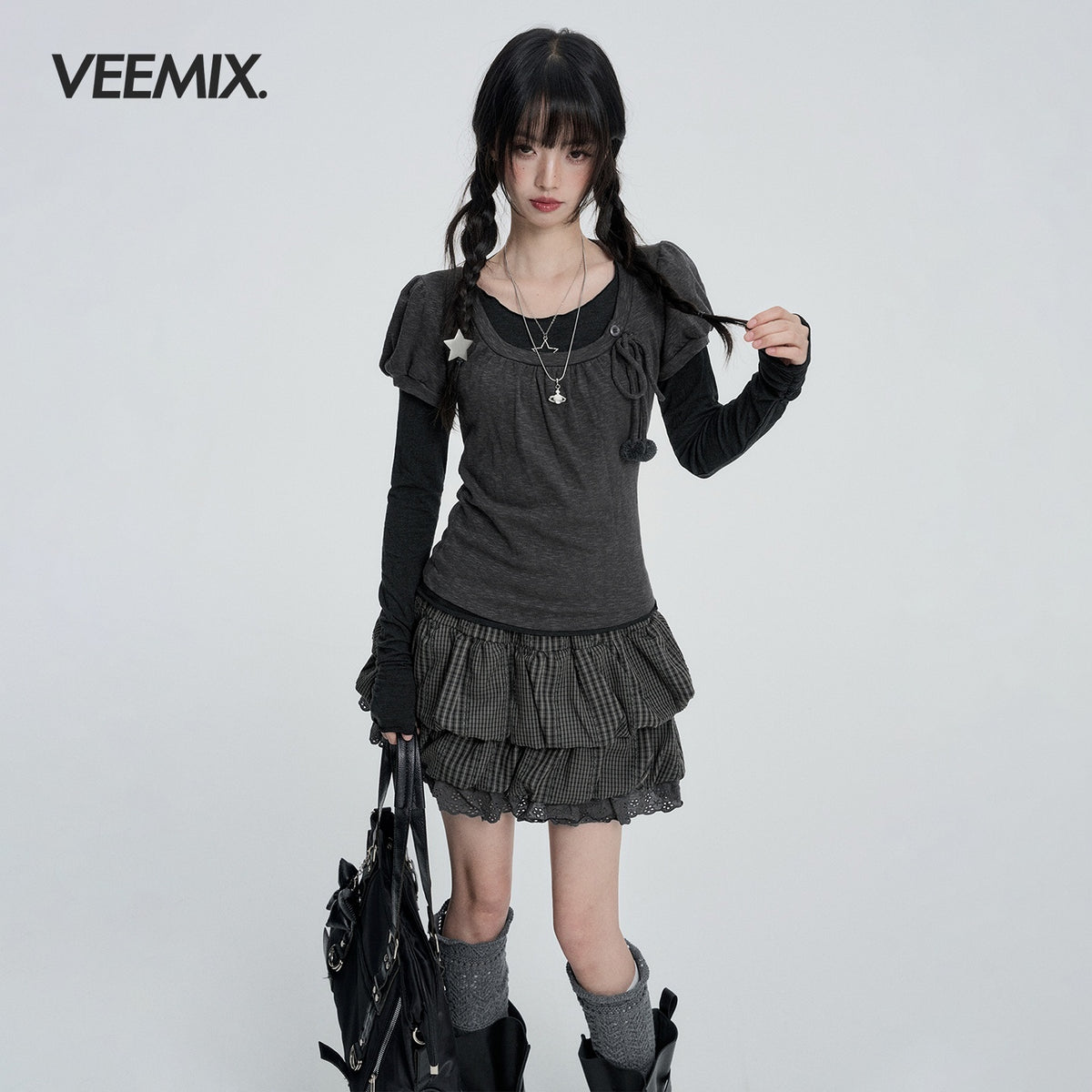 VEEMIX_Puff_Sleeve_Solid_Color_Sweet_Two_Piece_Women&