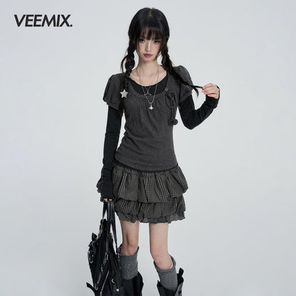 VEEMIX_Puff_Sleeve_Solid_Color_Sweet_Two_Piece_Women&