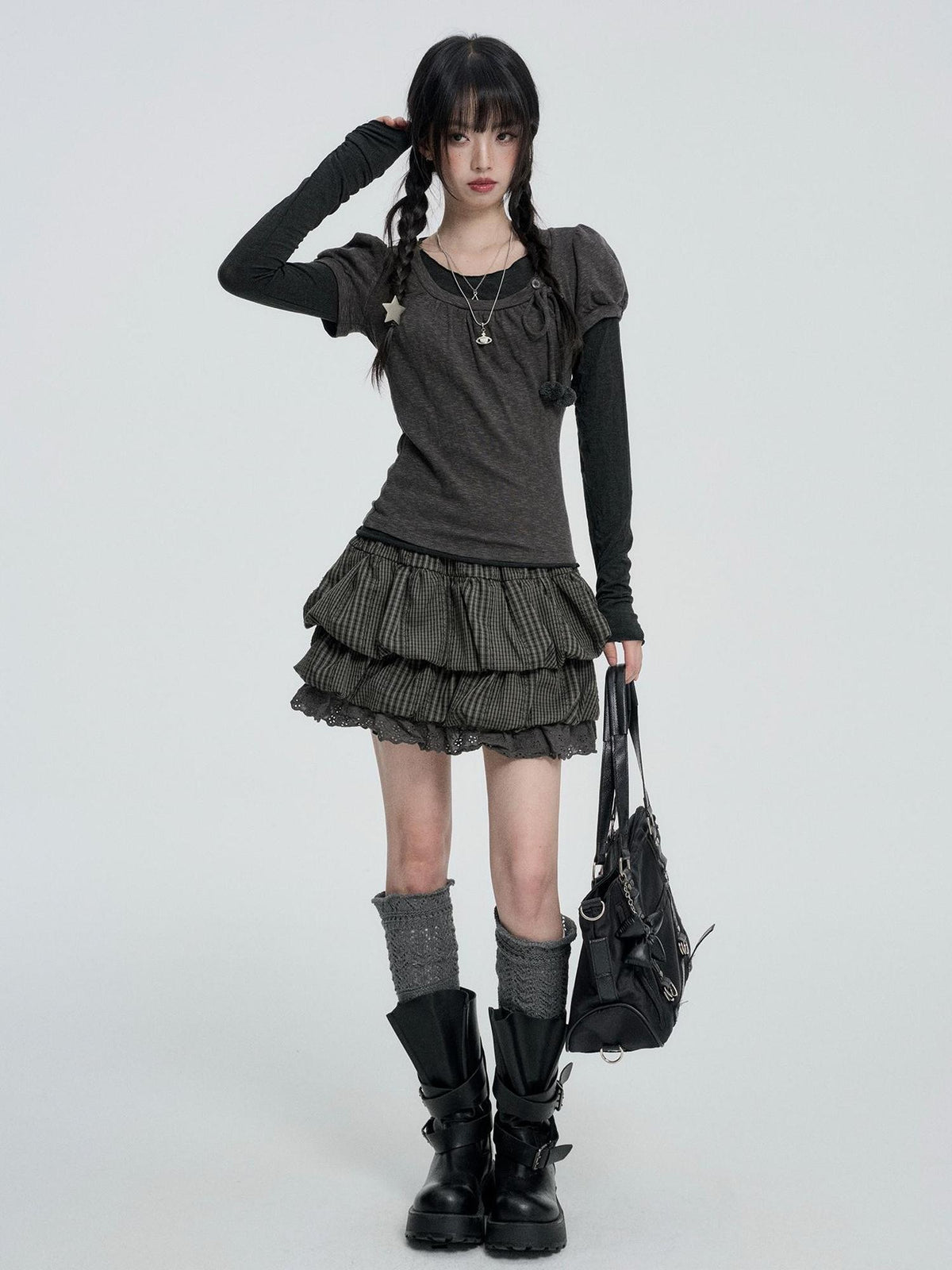 VEEMIX Puff Sleeve Solid Color Sweet Two Piece Women&