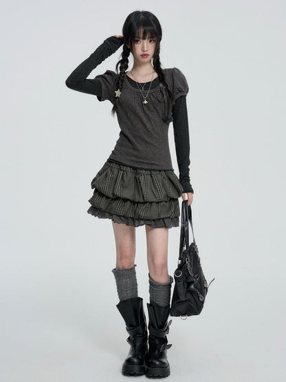 VEEMIX Puff Sleeve Solid Color Sweet Two Piece Women&