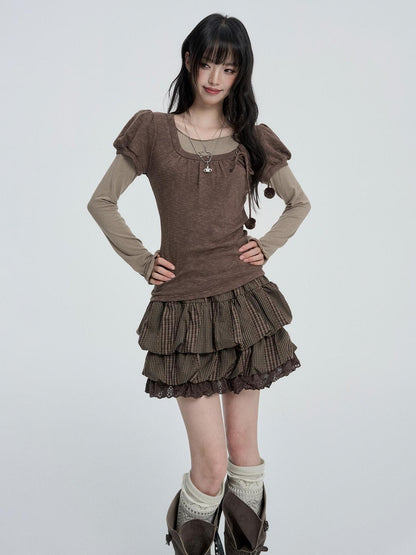 VEEMIX Puff Sleeve Solid Color Sweet Two Piece Women&