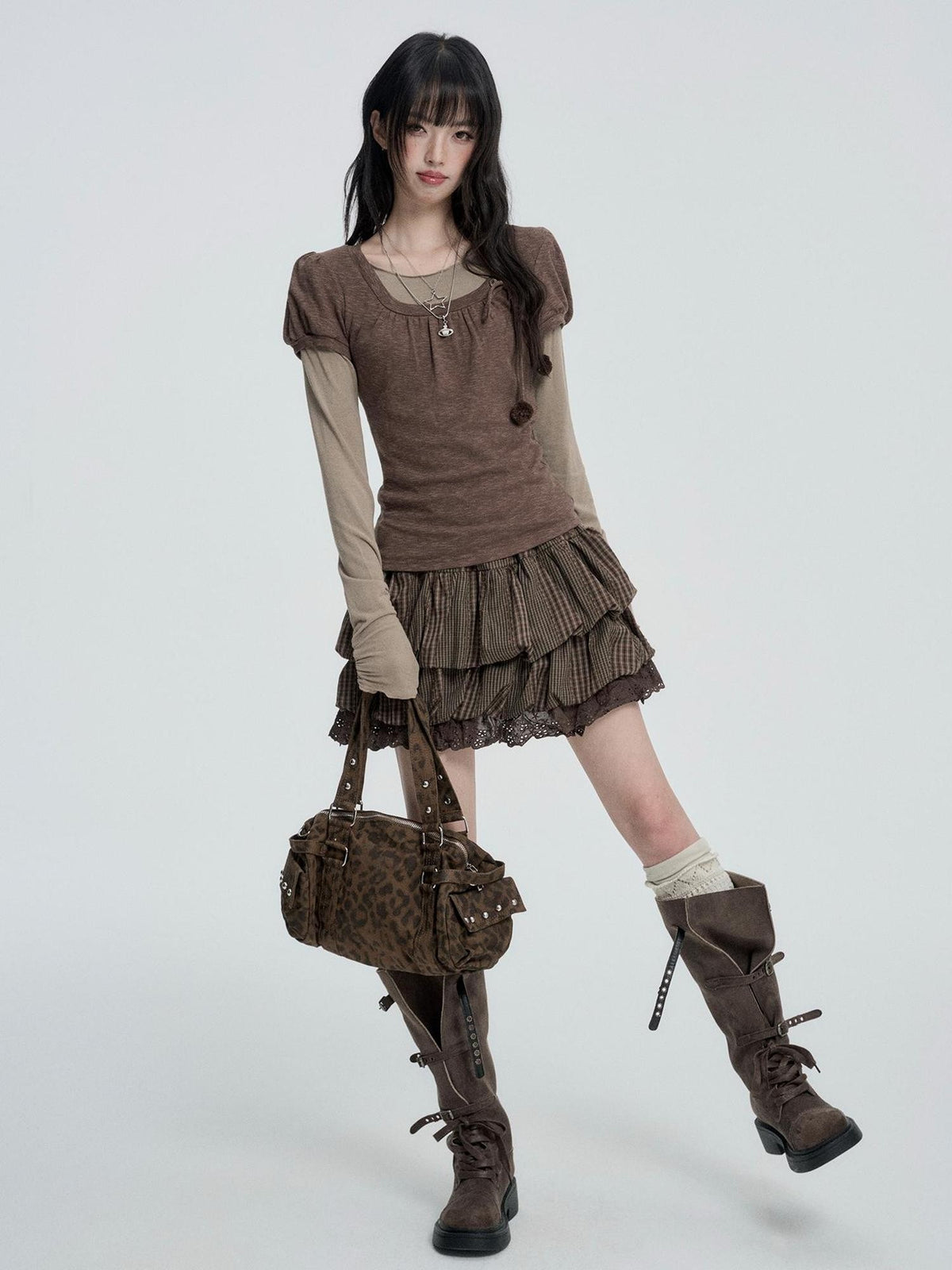 VEEMIX Puff Sleeve Solid Color Sweet Two Piece Women&