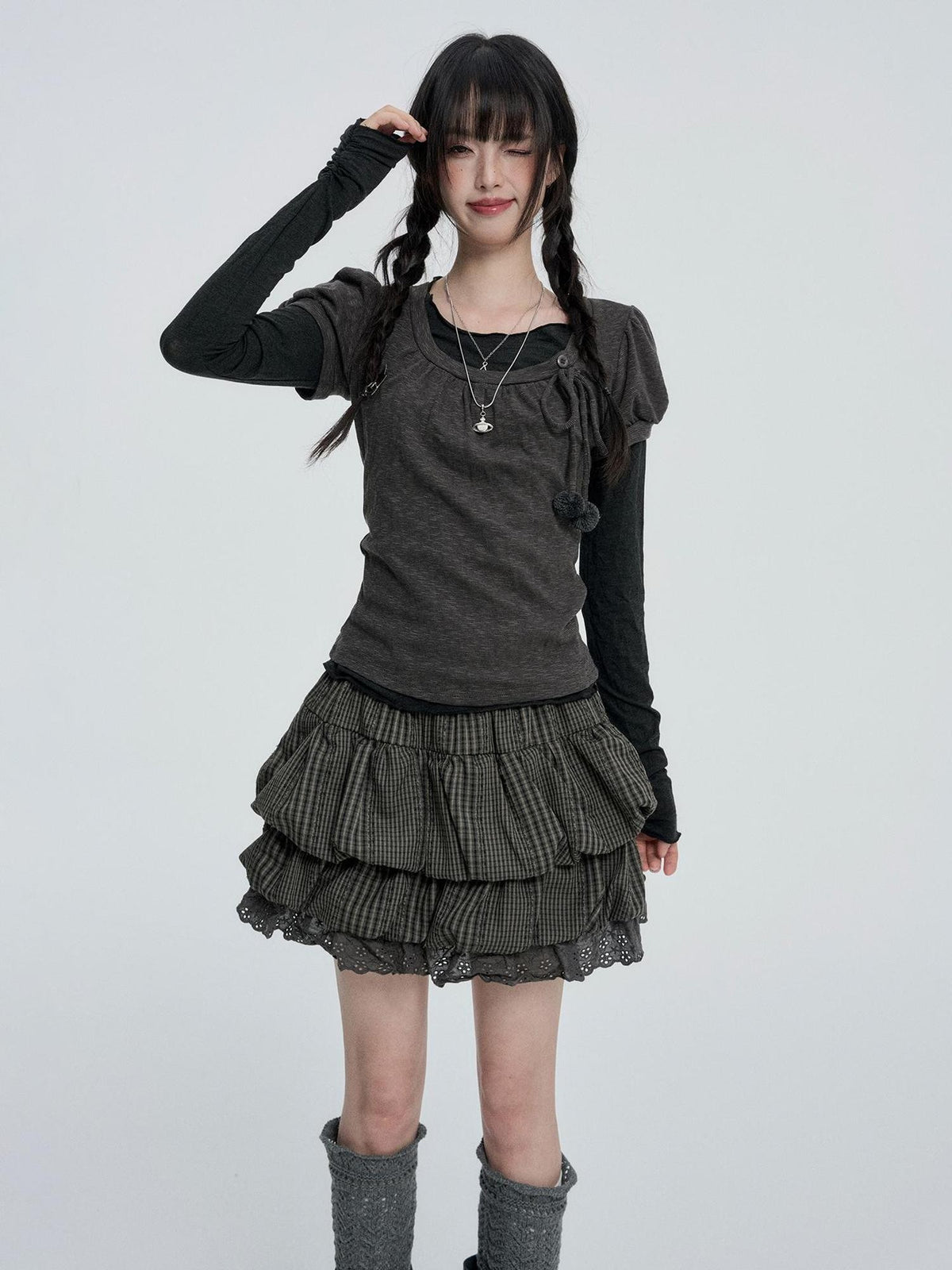 VEEMIX Puff Sleeve Solid Color Sweet Two Piece Women&