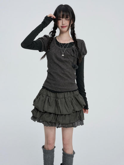 VEEMIX Puff Sleeve Solid Color Sweet Two Piece Women&