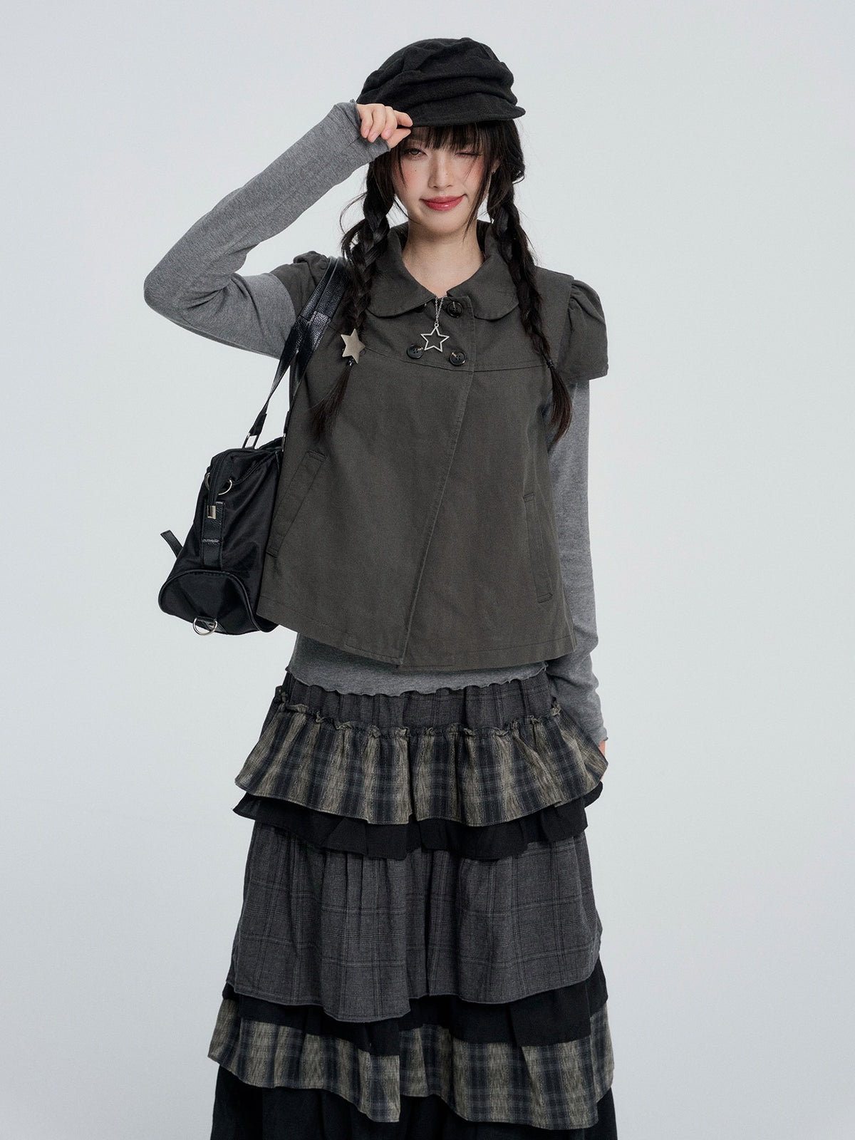 VEEMIX_Puff_Sleeve_Two_Piece_Solid_Color_Button_Women&