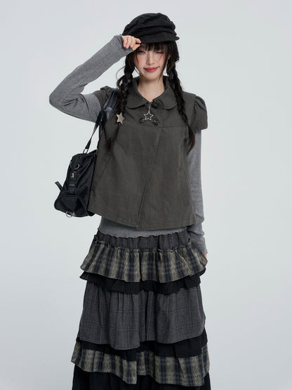 VEEMIX_Puff_Sleeve_Two_Piece_Solid_Color_Button_Women&
