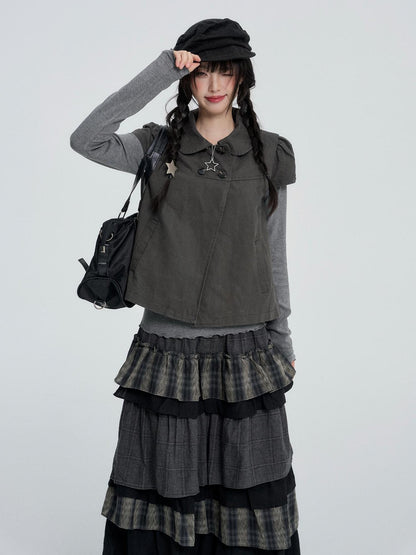 VEEMIX Puff Sleeve Two Piece Solid Color Button Women&