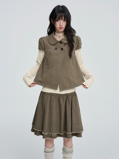 VEEMIX Puff Sleeve Two Piece Solid Color Button Women&