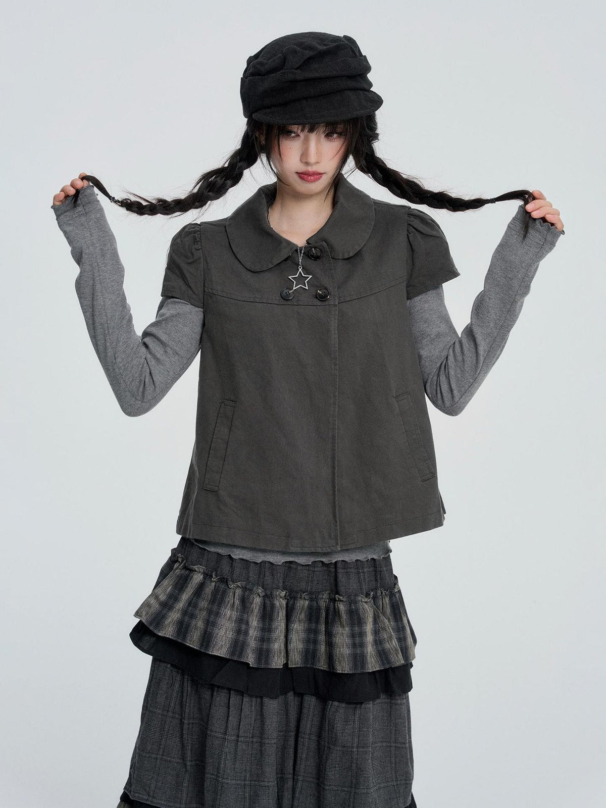 VEEMIX Puff Sleeve Two Piece Solid Color Button Women&