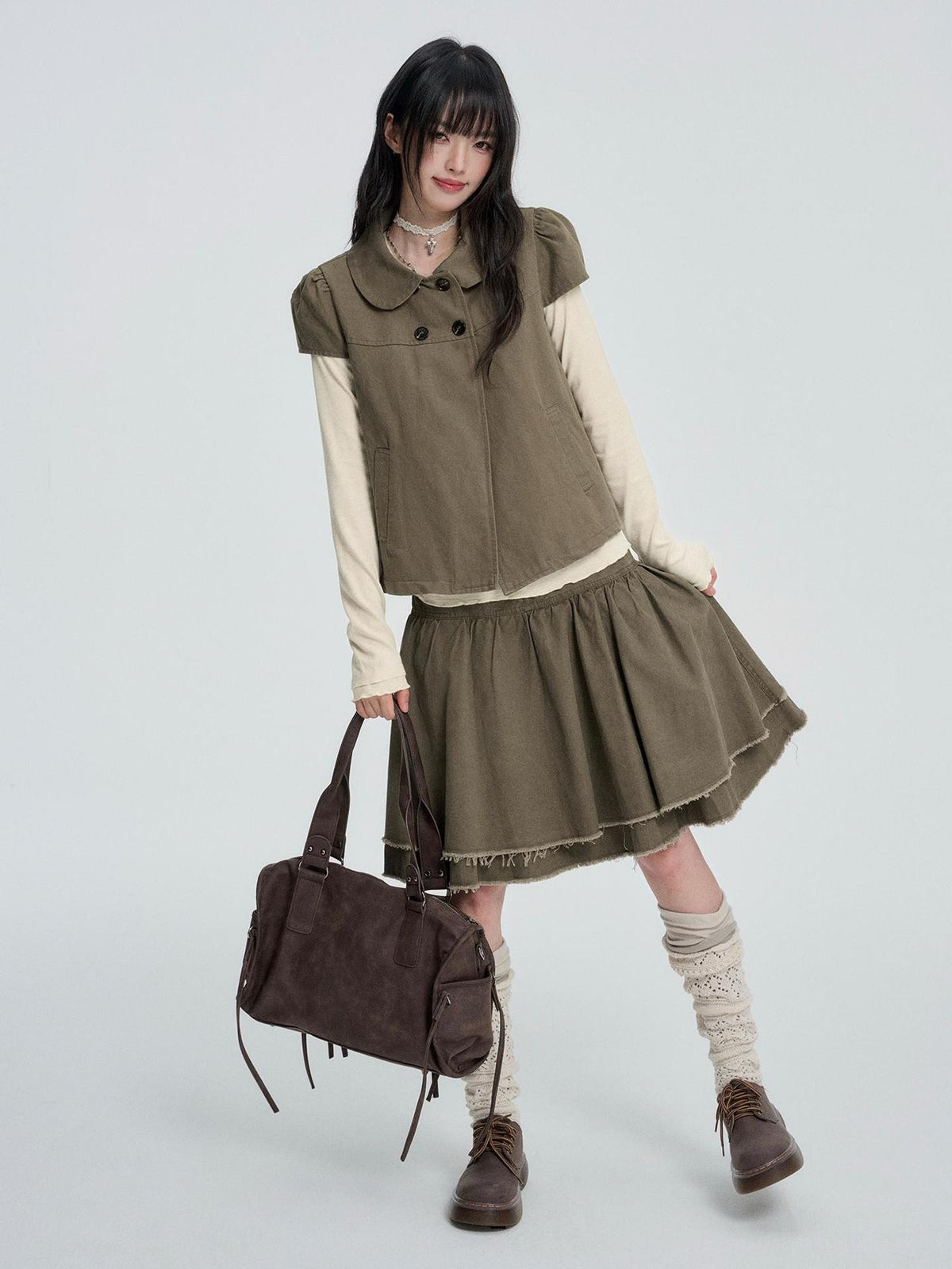VEEMIX Puff Sleeve Two Piece Solid Color Button Women&