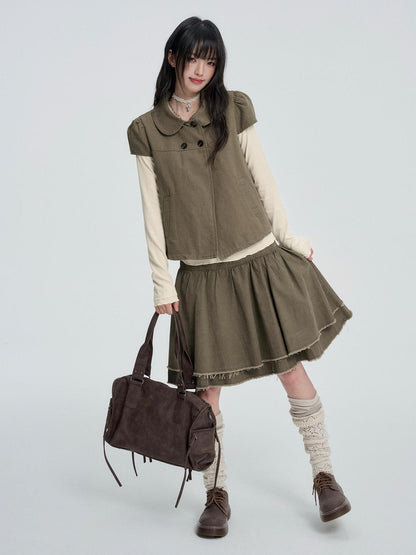 VEEMIX Puff Sleeve Two Piece Solid Color Button Women&