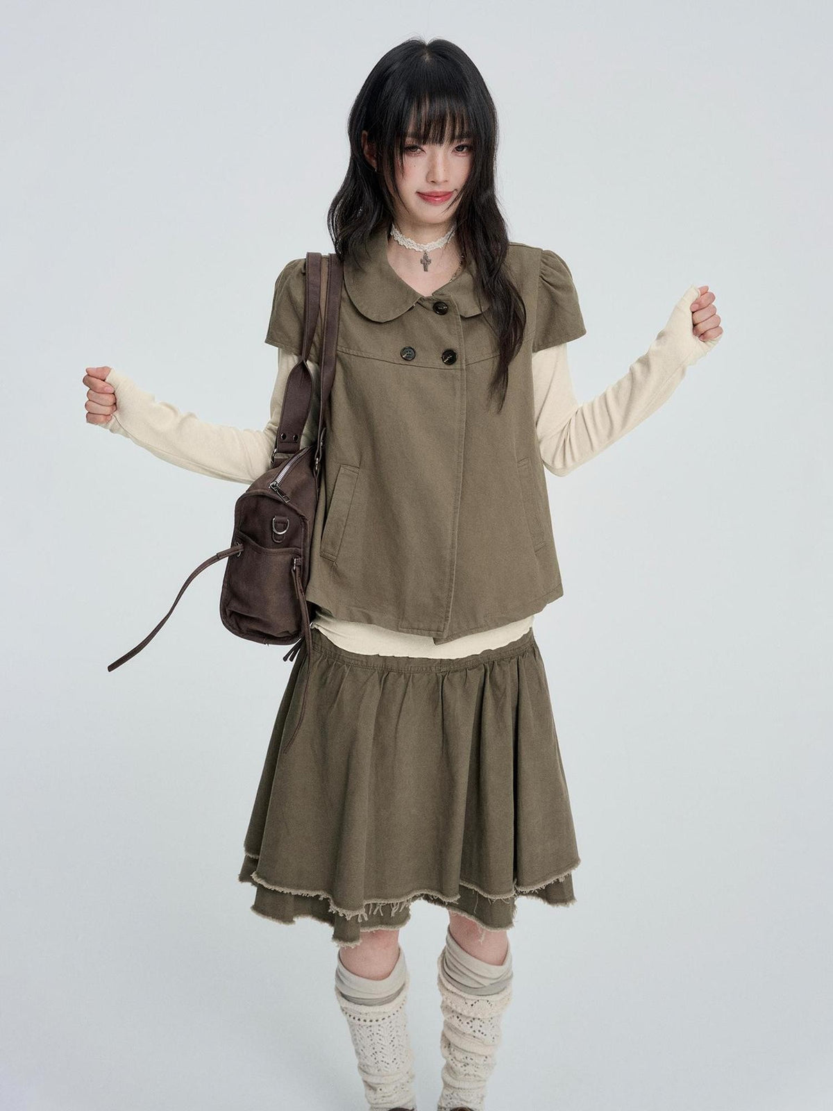 VEEMIX Puff Sleeve Two Piece Solid Color Button Women&