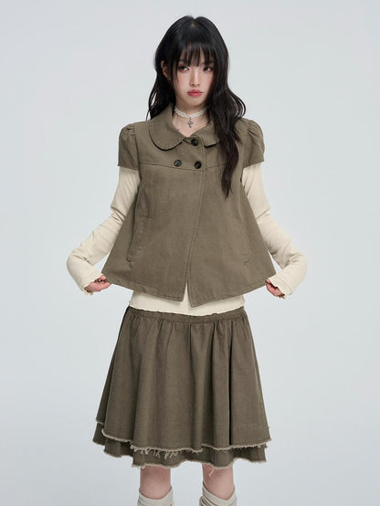 VEEMIX Puff Sleeve Two Piece Solid Color Button Women&