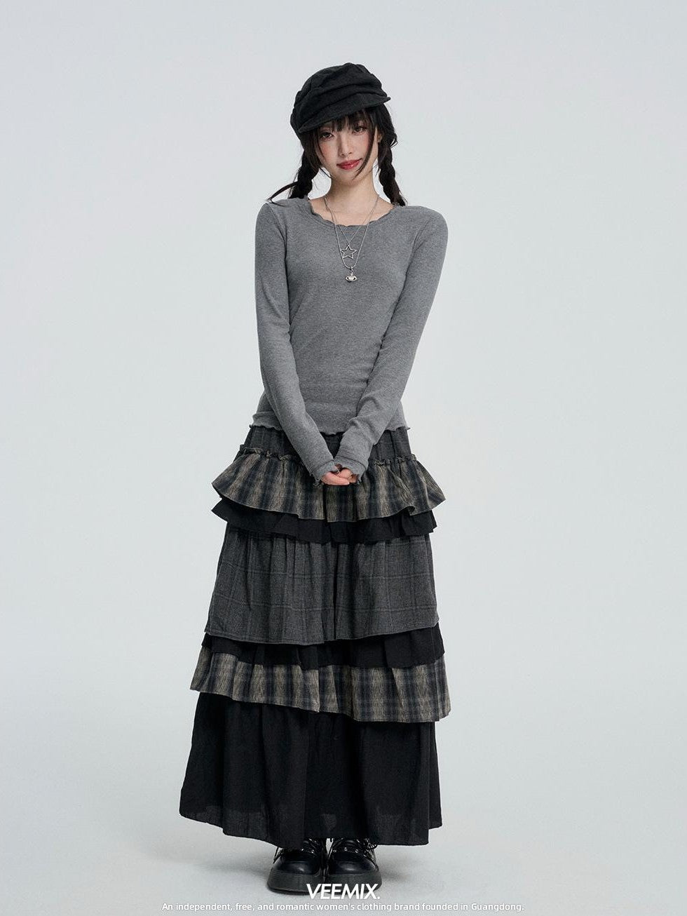 VEEMIX Puff Sleeve Two Piece Solid Color Button Women&