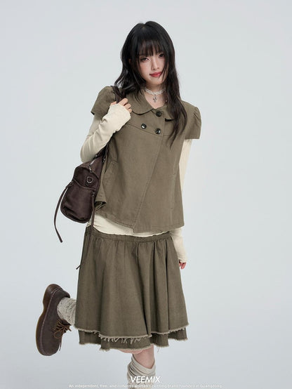 VEEMIX Puff Sleeve Two Piece Solid Color Button Women&