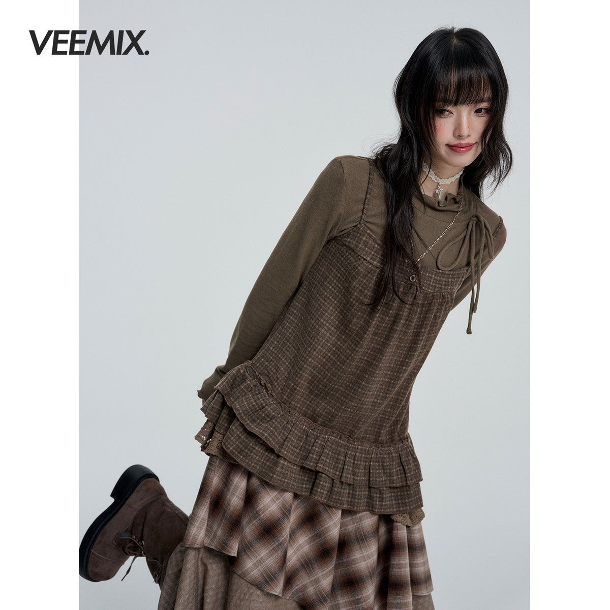 VEEMIX_Ruffle_Trim_Two_Piece_Layered_Round_Neck_Women&