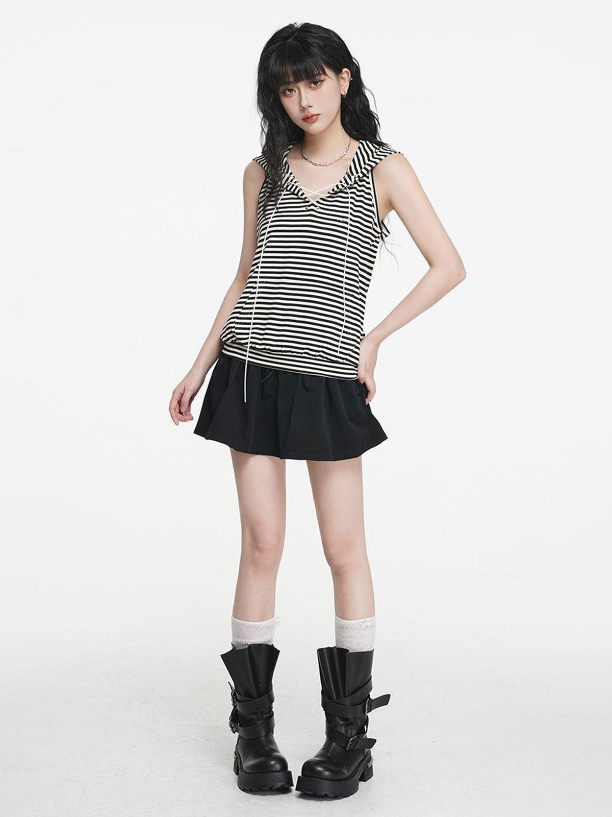 VEEMIX Striped Hooded Lace Up Women&