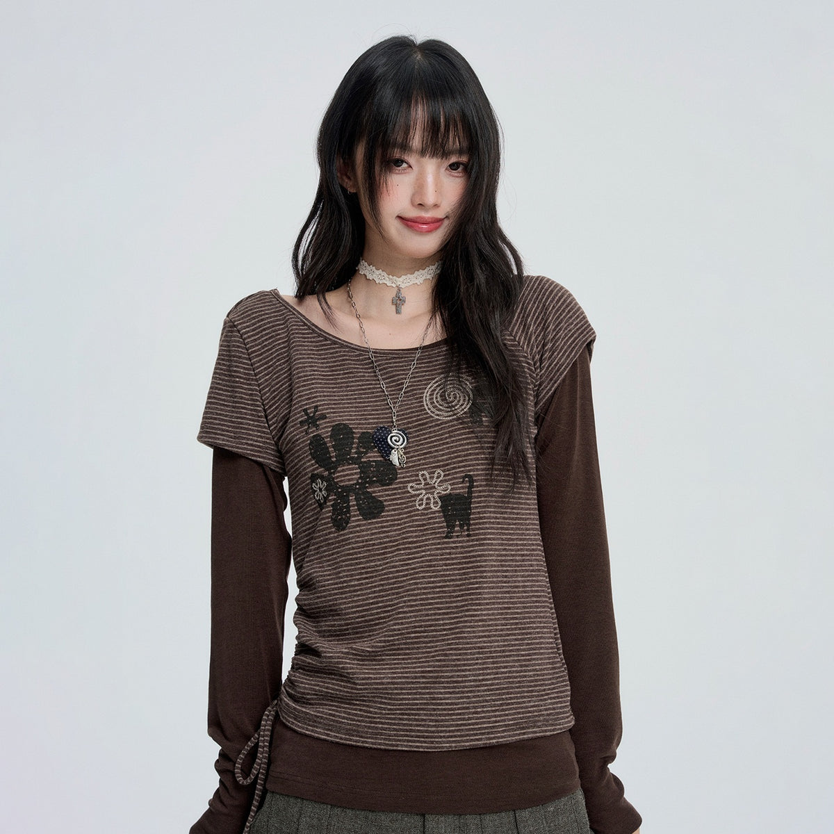 VEEMIX_Striped_Layered_Look_Print_Ruched_Women&