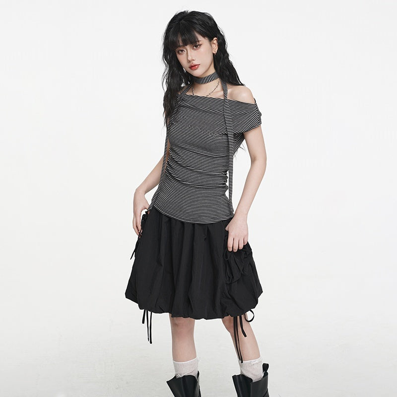 VEEMIX_Striped_One_Shoulder_Rhinestone_Ruched_High_Waist_Slim_Fit_Women&