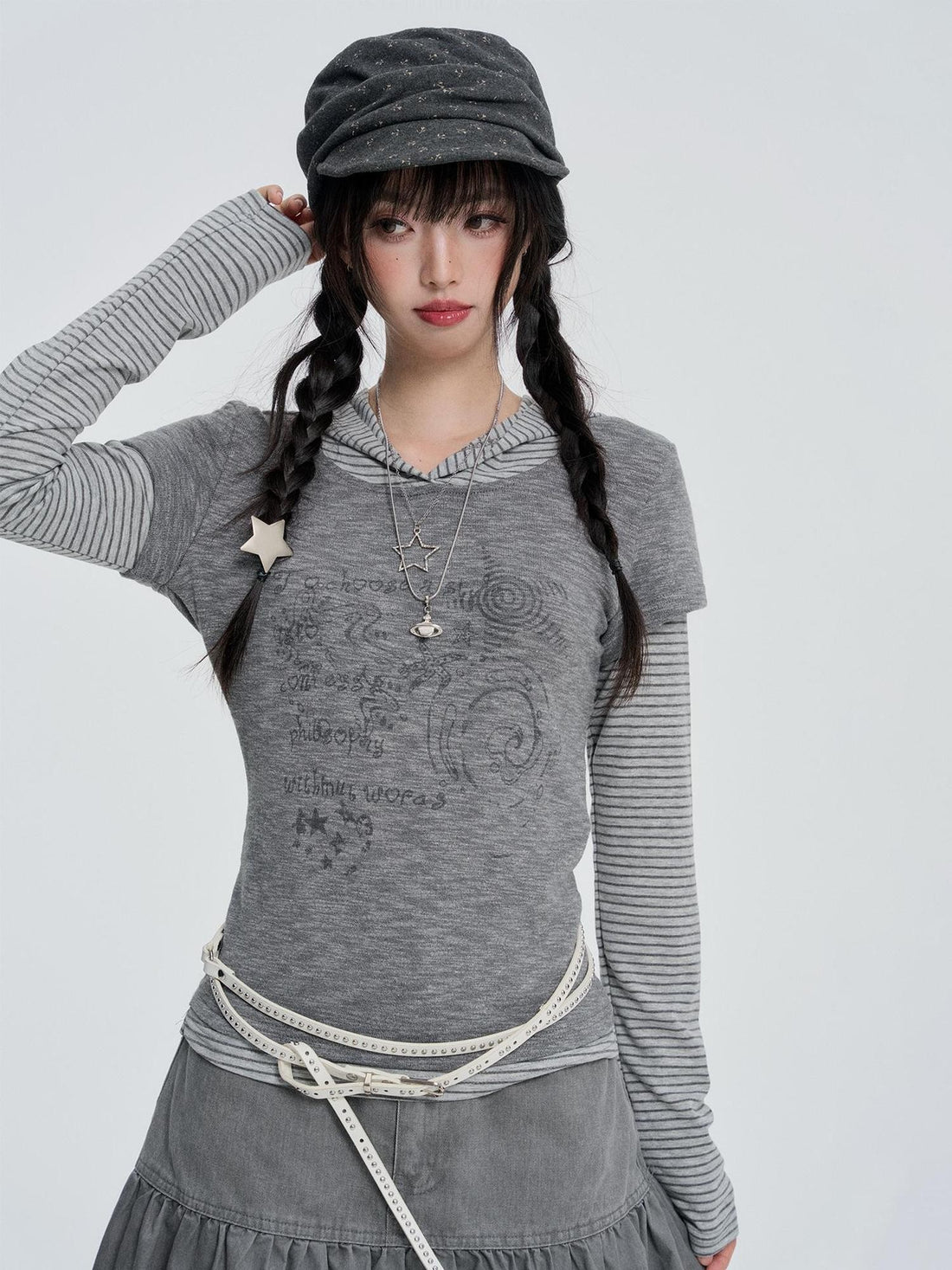 VEEMIX Striped Print Layered Hooded Women&