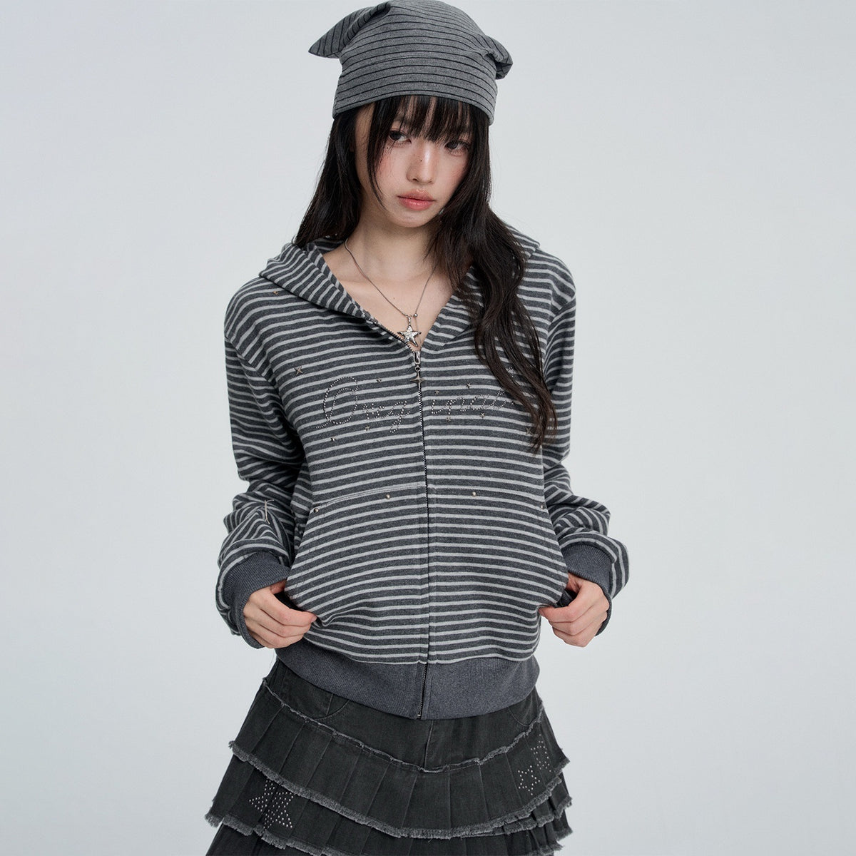 VEEMIX_Striped_Rivet_Loose_Korean_Short_Cotton_Women&