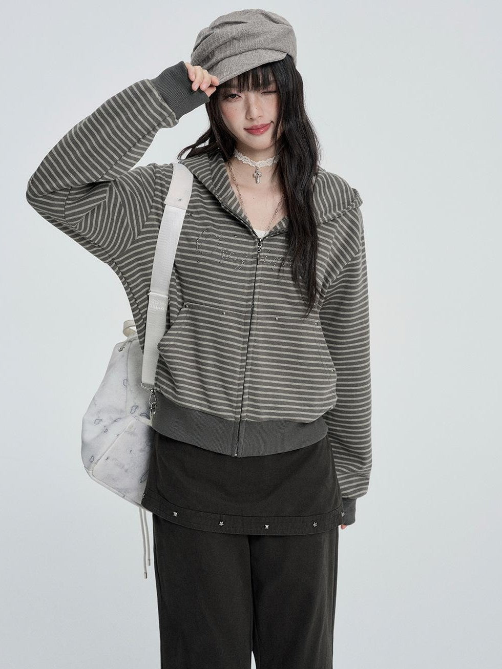 VEEMIX Striped Rivet Loose Korean Short Cotton Women&