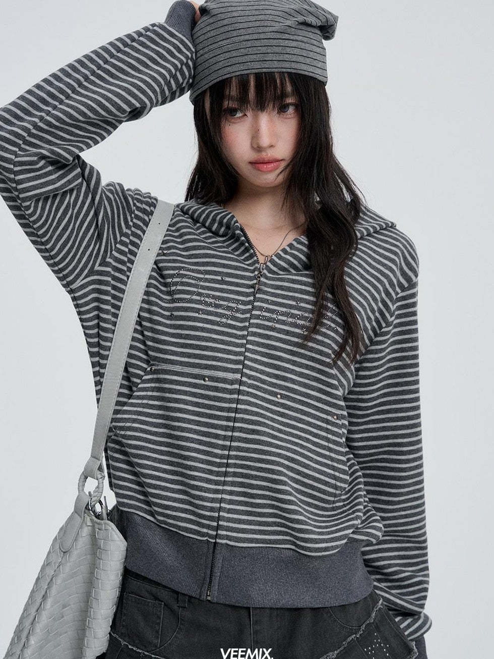 VEEMIX Striped Rivet Loose Korean Short Cotton Women&